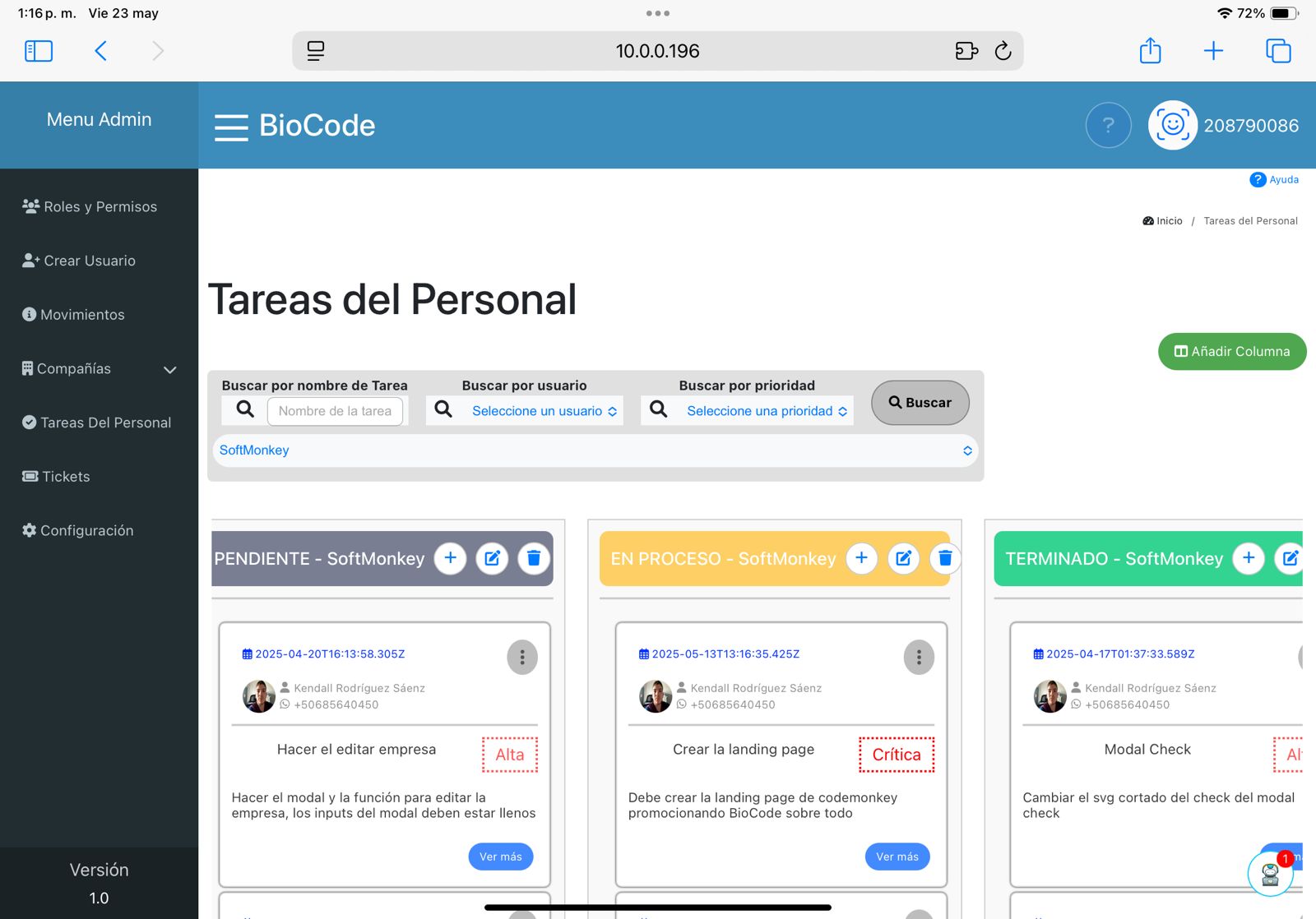 Imagen de del kanban de BioCode perteneciente a SoftMonkey