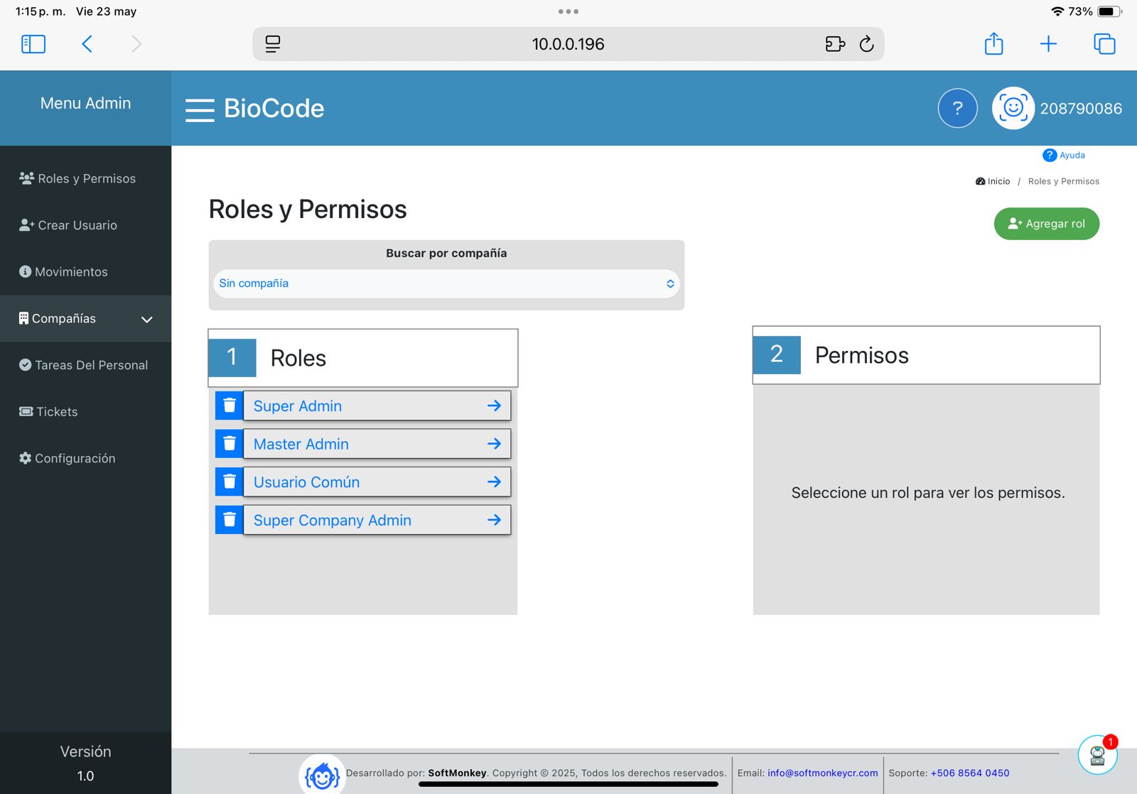 Imagen de de los roles y permisos de BioCode perteneciente a SoftMonkey