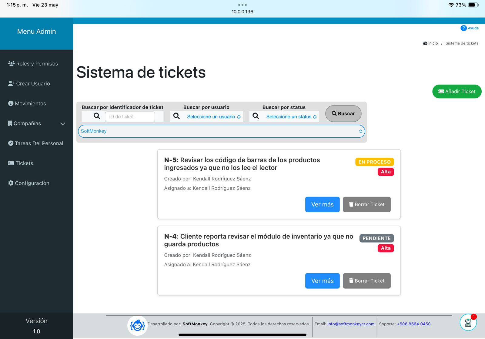 Imagen del módulo de tickets de BioCode perteneciente a SoftMonkey